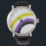 Niet-bindende regenboogpride, gepersonaliseerd horloge<br><div class="desc">De niet binaire kleuren van geel,  wit,  paars,  en zwart creëer de coole regenboog op deze leuke aangepaste pridehorloge. Ze kijken naar een niet-binaire vriend in de seksespecifieke gemeenschap.</div>