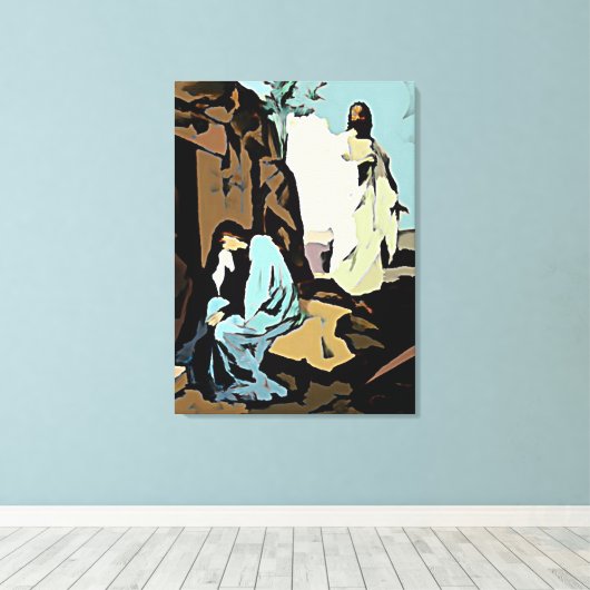 Niet huilen Mary, zijn graf is leeg! Canvas Afdruk (Insitu (Houten vloer))