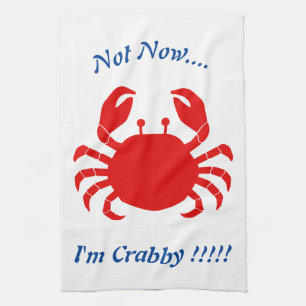 Niet nu.... Ik ben Crabby!!!!! Red Crab Blue Words Theedoek