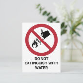 Niet uitdoven met water, verbodsbord briefkaart (Staand voorkant)