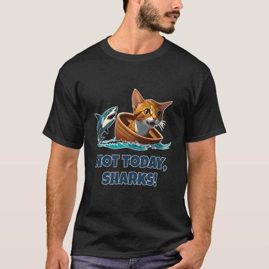 Niet Vandaag Haaien Grappige Kat Boot Ontsnapping T-shirt (Voorkant)