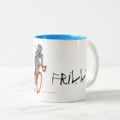 Niet vriendelijk. Vrouw, fietslijst en vlammen Tweekleurige Koffiemok (Voorkant rechts)