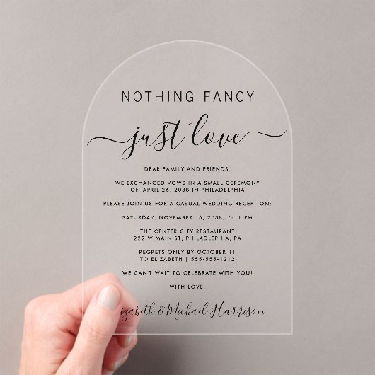 Niets Fancy Alleen Liefde Boog Trouwreceptie Acryl Uitnodigingen (Insitu (Draagbaar))