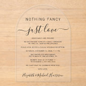 Niets Fancy Alleen Liefde Boog Trouwreceptie Acryl Uitnodigingen (Voorkant)