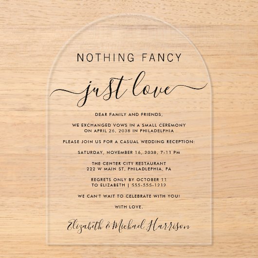 Niets Fancy Alleen Liefde Boog Trouwreceptie Acryl Uitnodigingen (Voorkant)