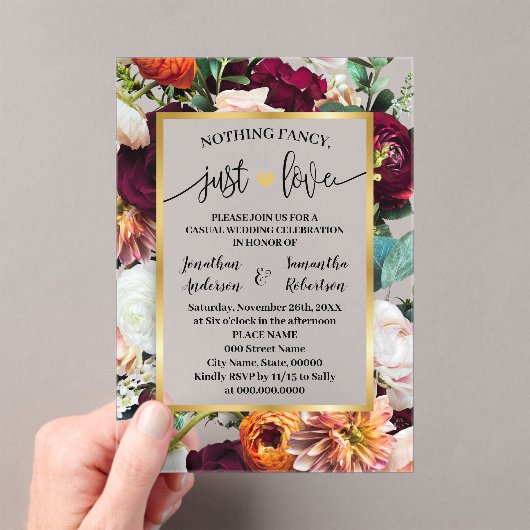 Niets Fancy Alleen Liefde Elopement Wine Navy Acryl Uitnodigingen (Insitu (Draagbaar))