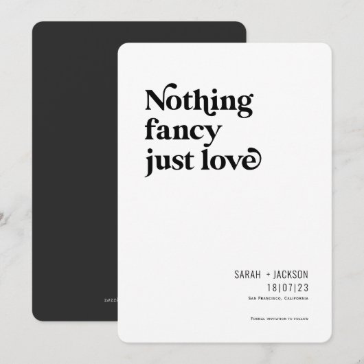 Niets fancy alleen liefde, moderne minimalistische save the date (Voorkant / Achterkant)