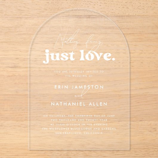 Niets Fancy Alleen Liefde Retro Groovy Boog Weddin Acryl Uitnodigingen (Voorkant)