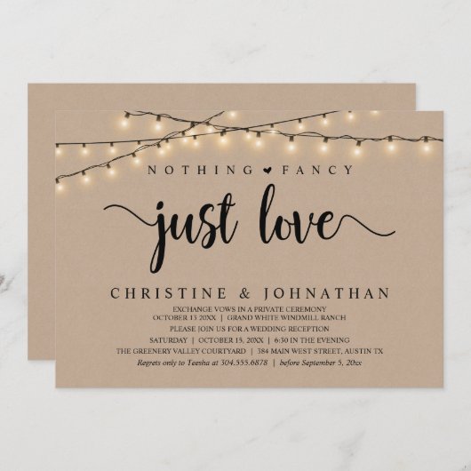 Niets Fancy Alleen Liefde, Rustiek Trouwdiner Kaart (Voorkant / Achterkant)