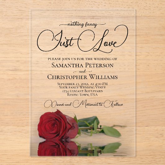 Niets Fancy Alleen Liefde Spiegelende Rode Roos Hu Acryl Uitnodigingen (Voorkant)