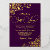 Niets Fancy Alleen Liefde Trouwpruim Paarse & Goud Folie Uitnodiging (Voorkant)