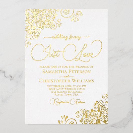 Niets Fancy Alleen Love Gold & White Wedding Folie Uitnodiging (Voorkant)