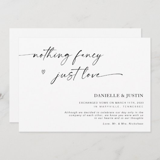 Niets Fancy bekendmaking van Liefde Elopement Kaart (Voorkant / Achterkant)