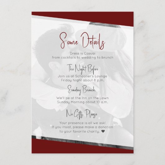 Niets Fancy Casual Bourgondië bruiloft details Informatiekaartje (Voorkant)