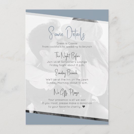 Niets Fancy Casual Stoffig Blauw Bruiloft Details Informatiekaartje (Voorkant)