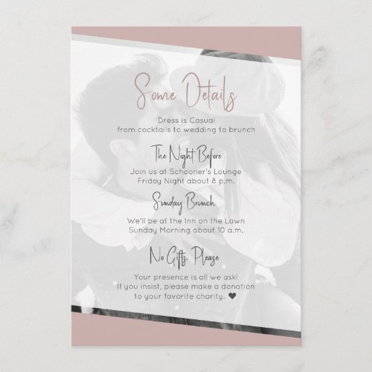 Niets Fancy Casual stoffige Roos bruiloft details Informatiekaartje (Voorkant)