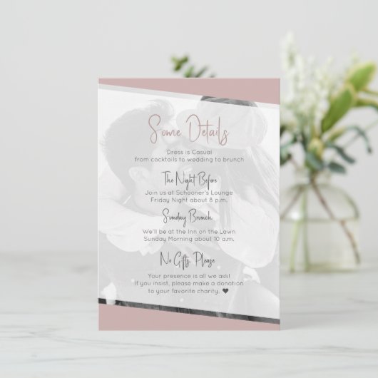 Niets Fancy Casual stoffige Roos bruiloft details Informatiekaartje (Staand voorkant)