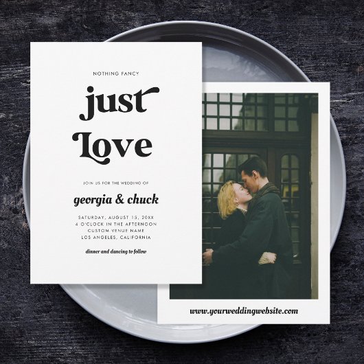 Niets Fancy Gewoon Liefde 70s Retro Script Bruilof Kaart