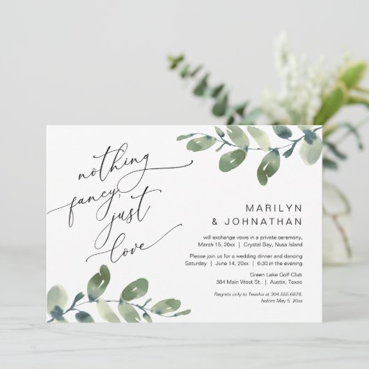 Niets Fancy, gewoon liefde bruiloft diner eucalypt Kaart (Staand voorkant)