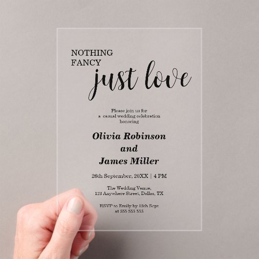 Niets Fancy gewoon Liefde Casual bruiloft Acryl Uitnodigingen (Insitu (Draagbaar))