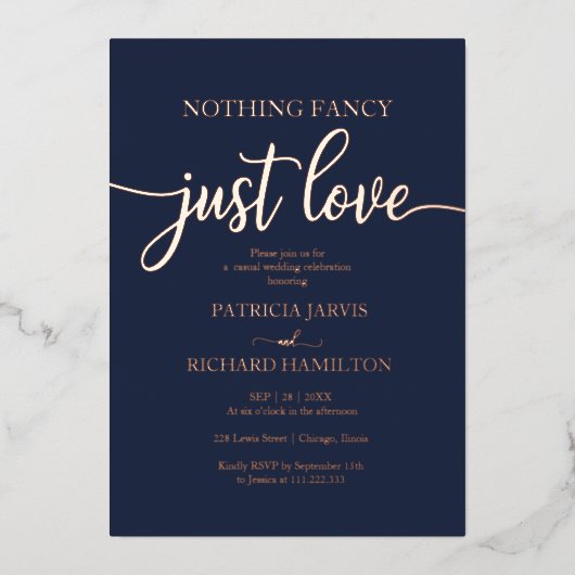 Niets Fancy gewoon Liefde Casual bruiloft Folie Uitnodiging (Voorkant)