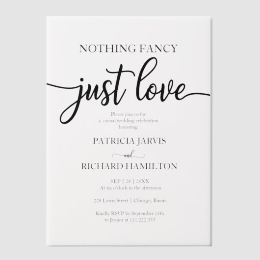 Niets Fancy gewoon Liefde Casual bruiloft Vellum Uitnodigingen (Voorkant)