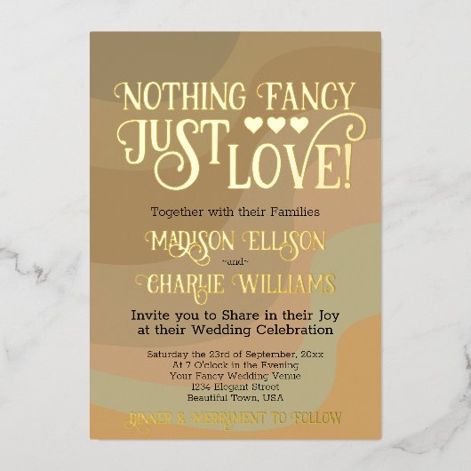 Niets Fancy Gewoon Liefde Earthtone Retro Bruiloft Folie Uitnodiging (Voorkant)
