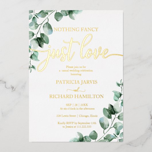 Niets Fancy gewoon Liefde Greenery Wedding Folie Uitnodiging (Voorkant)