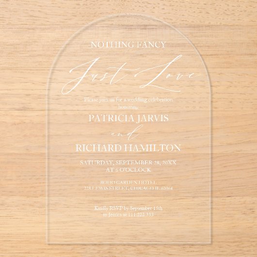 Niets Fancy gewoon liefde intieme bruiloft Acryl Uitnodigingen (Voorkant)