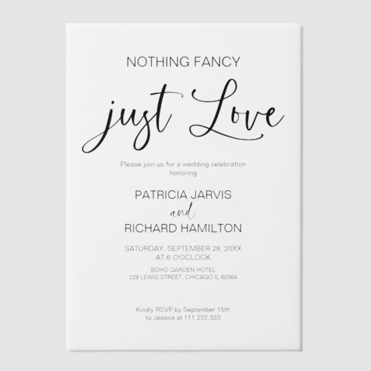 Niets Fancy gewoon liefde intieme bruiloft Vellum Uitnodigingen (Voorkant)