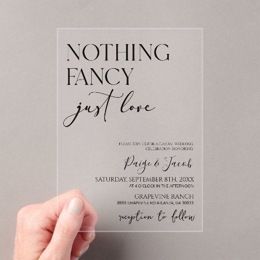 Niets Fancy gewoon liefde minimalistische Casual b Acryl Uitnodigingen (Insitu (Draagbaar))