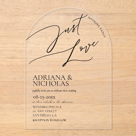 Niets Fancy gewoon liefde moderne bruiloft Acryl Uitnodigingen (Voorkant)