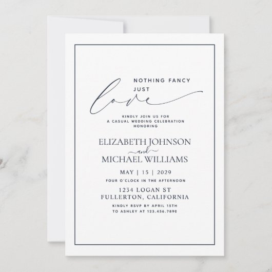 Niets Fancy gewoon Liefde Navy Blue Casual Weddens Kaart (Voorkant)