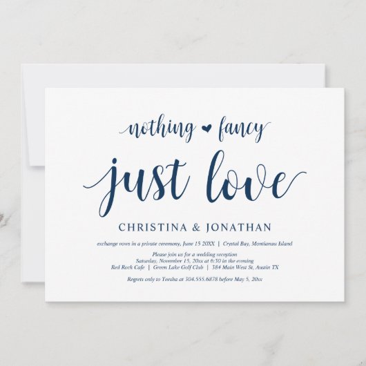 Niets Fancy, gewoon Liefde, Navy Blue, Elopement Kaart (Voorkant)