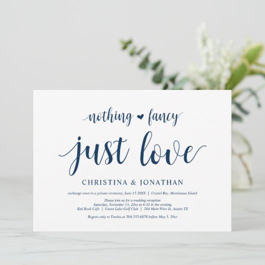 Niets Fancy, gewoon Liefde, Navy Blue, Elopement Kaart (Staand voorkant)