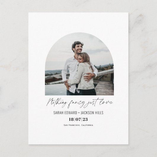 Niets fancy, gewoon liefde, opgezette foto-ontwikk aankondigingskaart (Voorkant)