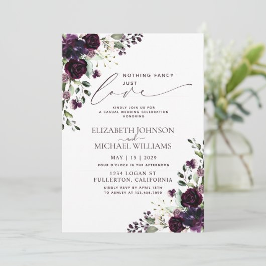 Niets Fancy gewoon Liefde Paarse Casual bruiloft Kaart (Staand voorkant)