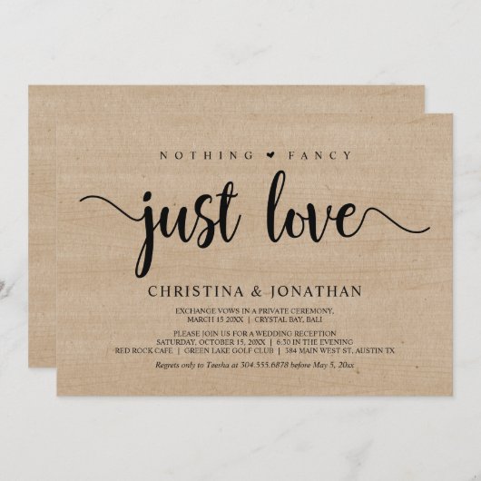 Niets Fancy, gewoon Liefde, Rustisch Hout, Elopeme Kaart (Voorkant / Achterkant)