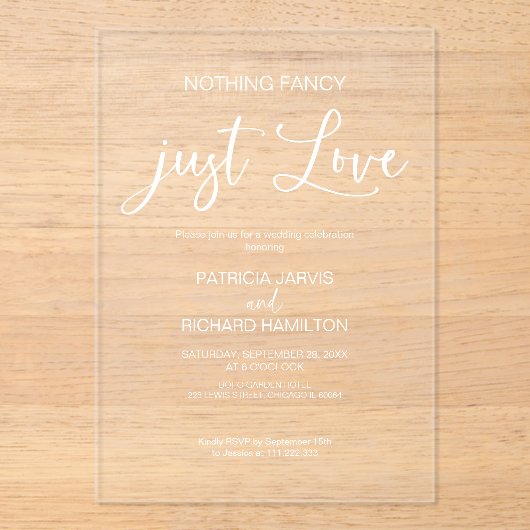 Niets Fancy Gewoon Liefde Schattigee Kalligrafie T Acryl Uitnodigingen (Voorkant)