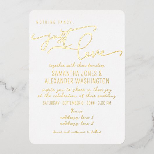 Niets Fancy Gewoon Liefde Shabby Chic Wit & Goud Folie Uitnodiging (Voorkant)