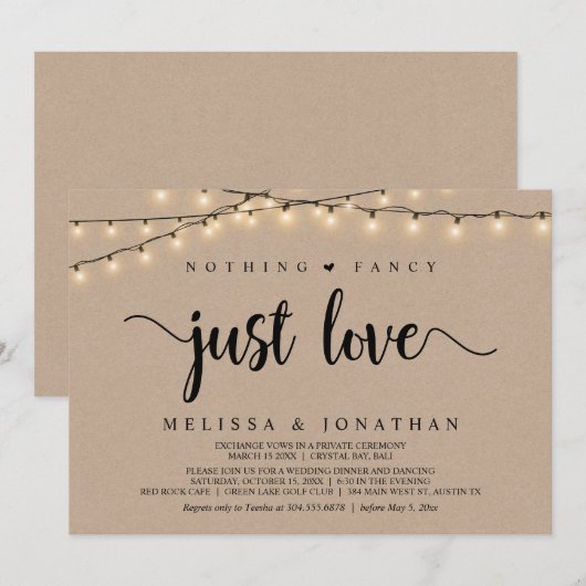 Niets Fancy, gewoon Liefde, String Lights Elopemen Kaart (Voorkant / Achterkant)