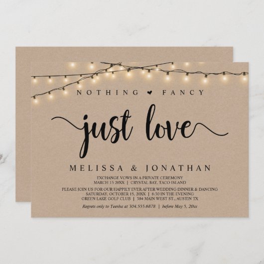 Niets Fancy, gewoon Liefde, String Lights Elopemen Kaart (Voorkant / Achterkant)