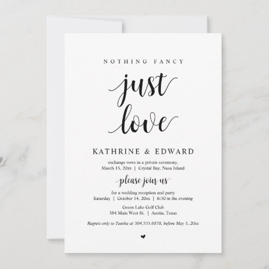 Niets fancy gewoon liefde, Zwart, Trouwfeest Kaart (Voorkant)