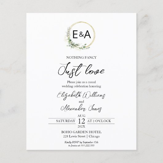 Niets Fancy gewoon liefdesbudget huwelijksuitnodig (Voorkant)