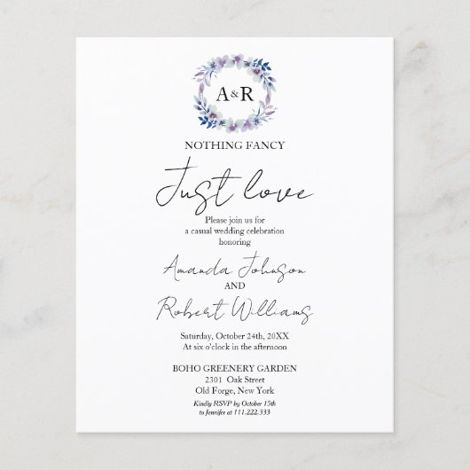 Niets Fancy gewoon liefdesbudget huwelijksuitnodig (Voorkant)