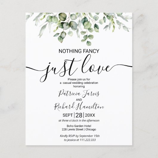 Niets Fancy gewoon liefdesbudget huwelijksuitnodig (Voorkant)