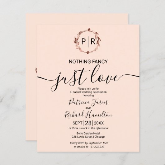 Niets Fancy gewoon liefdesbudget huwelijksuitnodig (Voorkant / Achterkant)