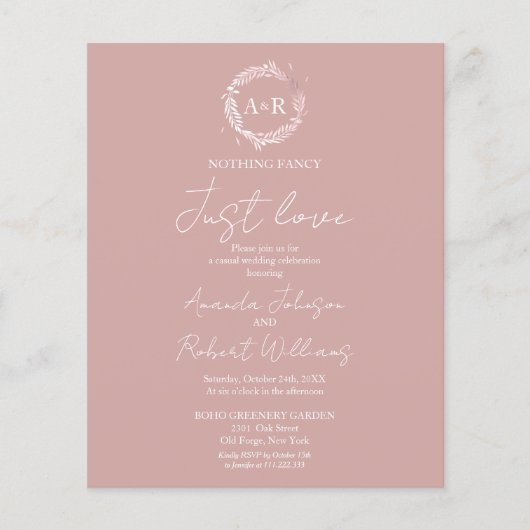 Niets Fancy gewoon liefdesbudget huwelijksuitnodig (Voorkant)