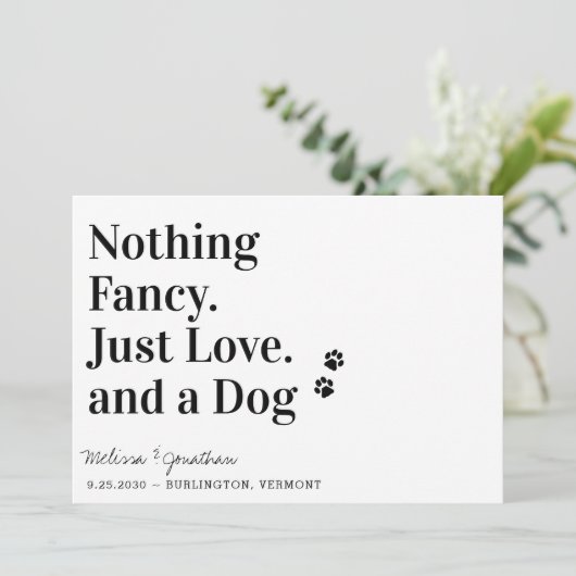 Niets Fancy, gewoon liefdeshondenweddenschap, besp Save The Date (Staand voorkant)