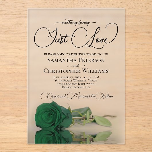 Niets Fancy gewoon Love Emerald Green Roos Wedding Acryl Uitnodigingen (Voorkant)